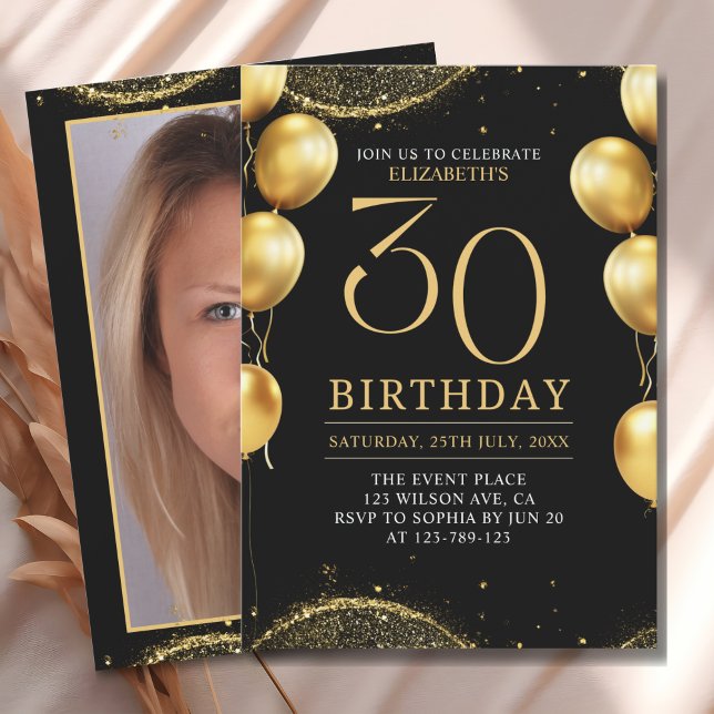 Invitación Elegant Gold Glitter Birthday 30th with Balloons (Subido por el creador)
