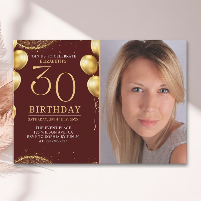 Invitación Elegant Gold Glitter Birthday 30th With Photo (Subido por el creador)