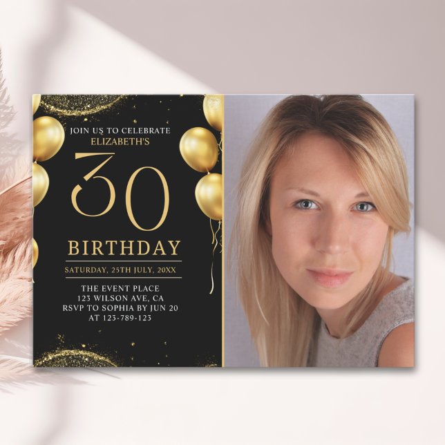 Invitación Elegant Gold Glitter Birthday 30th With Photo (Subido por el creador)