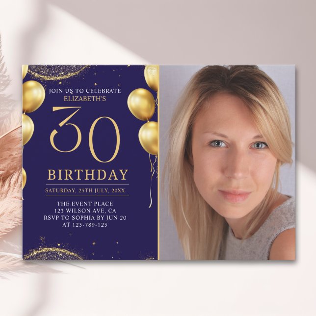 Invitación Elegant Gold Glitter Birthday 30th With Photo (Subido por el creador)