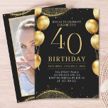 Invitación Elegant Gold Glitter Birthday 40th with Balloons<br><div class="desc">Celebrate in style with our luxurious birthday invitation featuring gold glitter details, elegant balloons, and eye-catching gold numbers to highlight the age. The back design includes a customizable photo, adding a unique and personal touch to your special day. Perfect for women's milestone birthdays, this invitation is ideal for sophisticated and...</div>