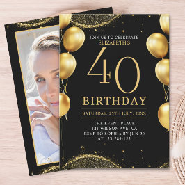 Invitación Elegant Gold Glitter Birthday 40th with Balloons