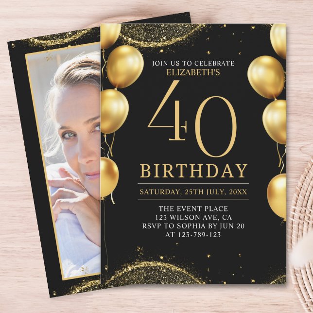 Invitación Elegant Gold Glitter Birthday 40th with Balloons (Subido por el creador)