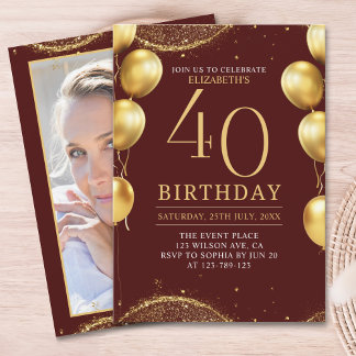 Invitación Elegant Gold Glitter Birthday 40th with Balloons