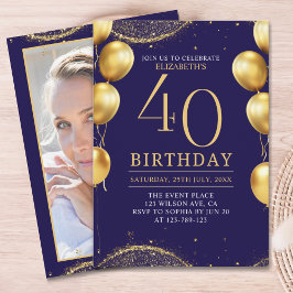 Invitación Elegant Gold Glitter Birthday 40th with Balloons