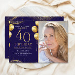 Invitación Elegant Gold Glitter Birthday 40th With Photo<br><div class="desc">Celebrate in style with our luxurious birthday invitation featuring gold glitter details, elegant balloons, and eye-catching gold numbers to highlight the age. The back design includes a customizable photo, adding a unique and personal touch to your special day. Perfect for women's milestone birthdays, this invitation is ideal for sophisticated and...</div>