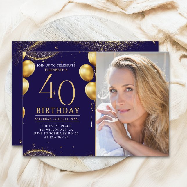 Invitación Elegant Gold Glitter Birthday 40th With Photo (Subido por el creador)