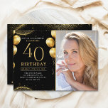 Invitación Elegant Gold Glitter Birthday 40th With Photo<br><div class="desc">Celebrate in style with our luxurious birthday invitation featuring gold glitter details, elegant balloons, and eye-catching gold numbers to highlight the age. The back design includes a customizable photo, adding a unique and personal touch to your special day. Perfect for women's milestone birthdays, this invitation is ideal for sophisticated and...</div>