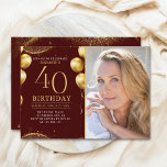 Invitación Elegant Gold Glitter Birthday 40th With Photo<br><div class="desc">Celebrate in style with our luxurious birthday invitation featuring gold glitter details, elegant balloons, and eye-catching gold numbers to highlight the age. The back design includes a customizable photo, adding a unique and personal touch to your special day. Perfect for women's milestone birthdays, this invitation is ideal for sophisticated and...</div>