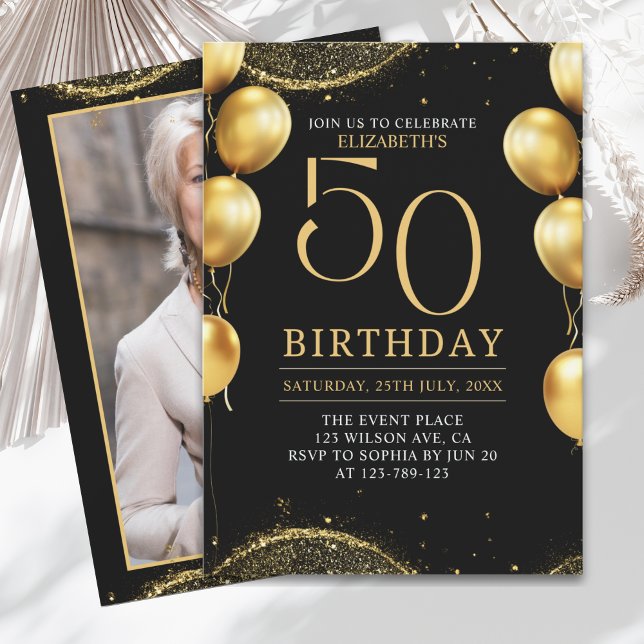 Invitación Elegant Gold Glitter Birthday 50th with Balloons (Subido por el creador)