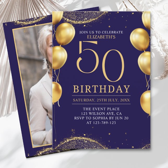 Invitación Elegant Gold Glitter Birthday 50th with Balloons (Subido por el creador)