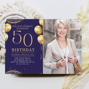 Invitación Elegant Gold Glitter Birthday 50th With Photo