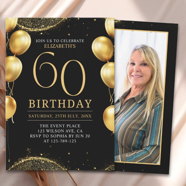 Invitación Elegant Gold Glitter Birthday 60th with Balloons (Subido por el creador)