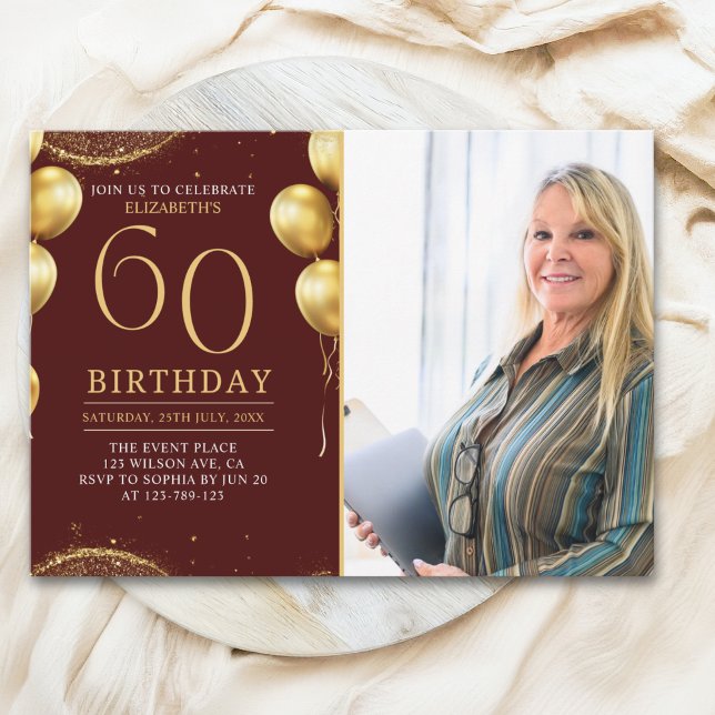 Invitación Elegant Gold Glitter Birthday 60th With Photo (Subido por el creador)