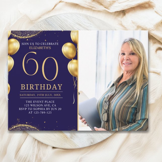 Invitación Elegant Gold Glitter Birthday 60th With Photo (Subido por el creador)