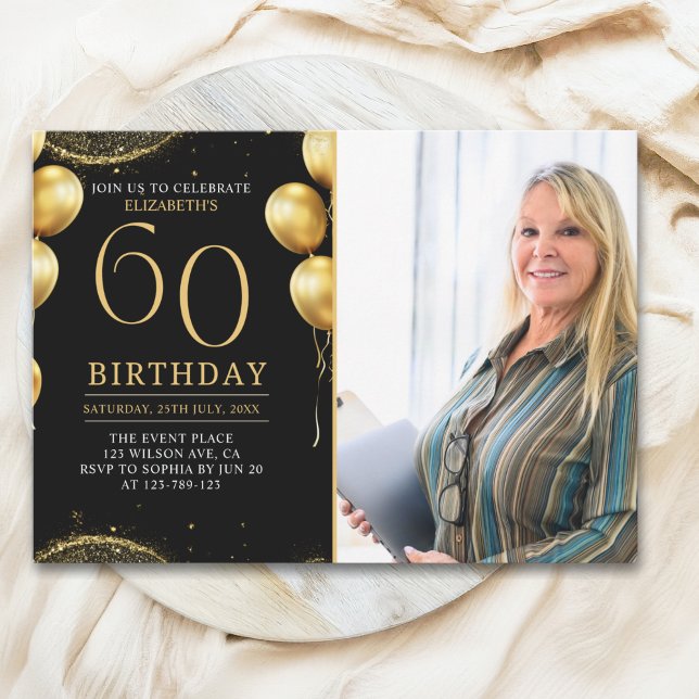 Invitación Elegant Gold Glitter Birthday 60th With Photo (Subido por el creador)