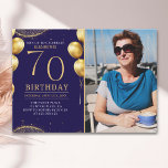 Invitación Elegant Gold Glitter Birthday 70th With Photo<br><div class="desc">Celebrate in style with our luxurious birthday invitation featuring gold glitter details, elegant balloons, and eye-catching gold numbers to highlight the age. The back design includes a customizable photo, adding a unique and personal touch to your special day. Perfect for women's milestone birthdays, this invitation is ideal for sophisticated and...</div>