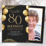 Invitación  Elegant Gold Glitter Birthday 80th with Ballons<br><div class="desc">Celebrate in style with our luxurious birthday invitation featuring gold glitter details, elegant balloons, and eye-catching gold numbers to highlight the age. The back design includes a customizable photo, adding a unique and personal touch to your special day. Perfect for women's milestone birthdays, this invitation is ideal for sophisticated and...</div>