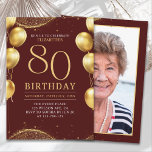 Invitación  Elegant Gold Glitter Birthday 80th with Ballons<br><div class="desc">Celebrate in style with our luxurious birthday invitation featuring gold glitter details, elegant balloons, and eye-catching gold numbers to highlight the age. The back design includes a customizable photo, adding a unique and personal touch to your special day. Perfect for women's milestone birthdays, this invitation is ideal for sophisticated and...</div>