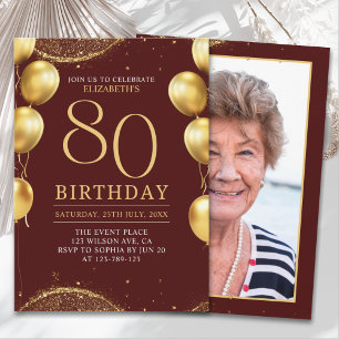 Invitación  Elegant Gold Glitter Birthday 80th with Ballons
