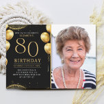 Invitación Elegant Gold Glitter Birthday 80th With Photo<br><div class="desc">Celebrate in style with our luxurious birthday invitation featuring gold glitter details, elegant balloons, and eye-catching gold numbers to highlight the age. The back design includes a customizable photo, adding a unique and personal touch to your special day. Perfect for women's milestone birthdays, this invitation is ideal for sophisticated and...</div>