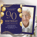 Invitación  Elegant Gold Glitter Birthday 90th with Ballons<br><div class="desc">Celebrate in style with our luxurious birthday invitation featuring gold glitter details, elegant balloons, and eye-catching gold numbers to highlight the age. The back design includes a customizable photo, adding a unique and personal touch to your special day. Perfect for women's milestone birthdays, this invitation is ideal for sophisticated and...</div>