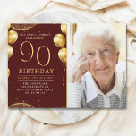 Invitación Elegant Gold Glitter Birthday 90th With Photo<br><div class="desc">Celebrate in style with our luxurious birthday invitation featuring gold glitter details, elegant balloons, and eye-catching gold numbers to highlight the age. The back design includes a customizable photo, adding a unique and personal touch to your special day. Perfect for women's milestone birthdays, this invitation is ideal for sophisticated and...</div>