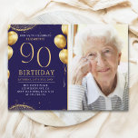 Invitación Elegant Gold Glitter Birthday 90th With Photo<br><div class="desc">Celebrate in style with our luxurious birthday invitation featuring gold glitter details, elegant balloons, and eye-catching gold numbers to highlight the age. The back design includes a customizable photo, adding a unique and personal touch to your special day. Perfect for women's milestone birthdays, this invitation is ideal for sophisticated and...</div>