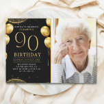 Invitación Elegant Gold Glitter Birthday 90th With Photo<br><div class="desc">Celebrate in style with our luxurious birthday invitation featuring gold glitter details, elegant balloons, and eye-catching gold numbers to highlight the age. The back design includes a customizable photo, adding a unique and personal touch to your special day. Perfect for women's milestone birthdays, this invitation is ideal for sophisticated and...</div>