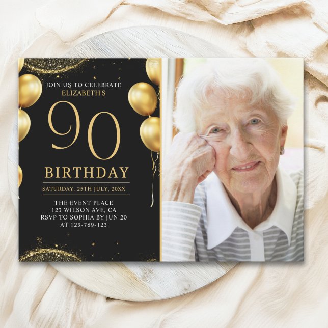 Invitación Elegant Gold Glitter Birthday 90th With Photo (Subido por el creador)