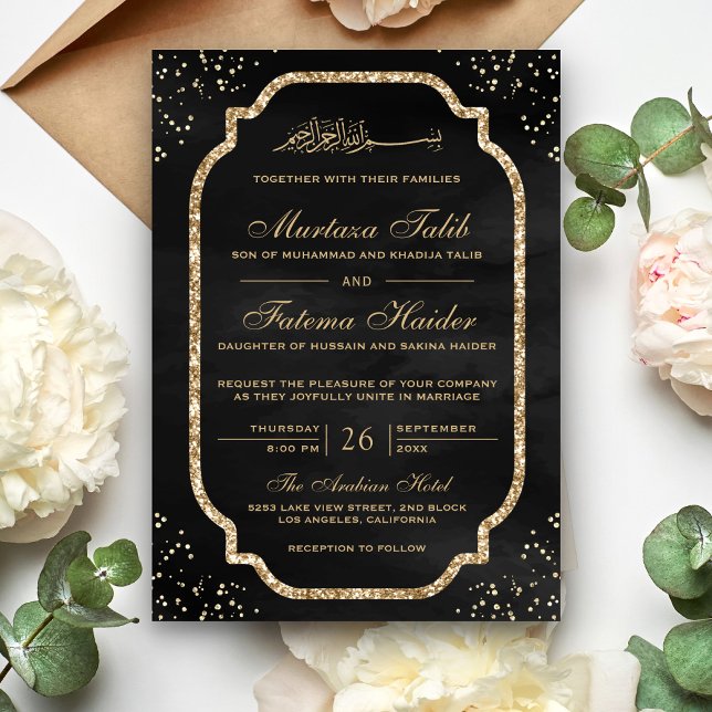 Invitación Elegant Gold Glitter Border Black Muslim Wedding (Subido por el creador)