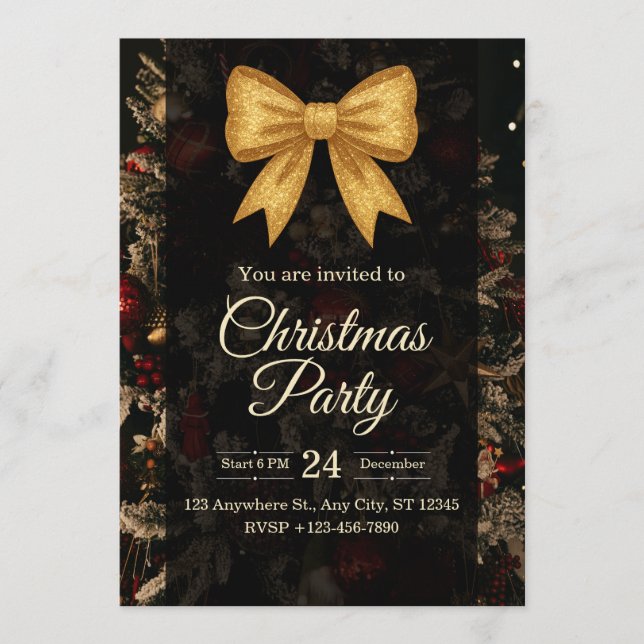 Invitación Elegant Gold Glitter Bow Dark Christmas Party (Anverso)