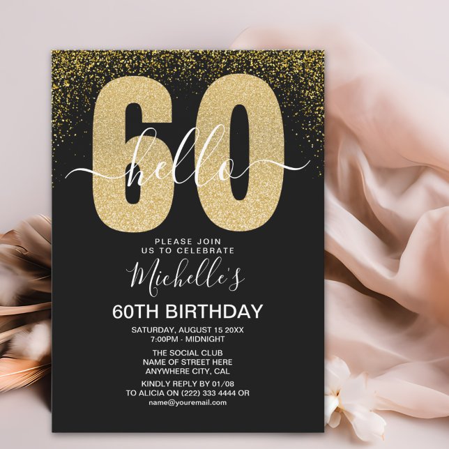 Invitación Elegant Gold Glitter "Hello 60" Birthday  (Subido por el creador)