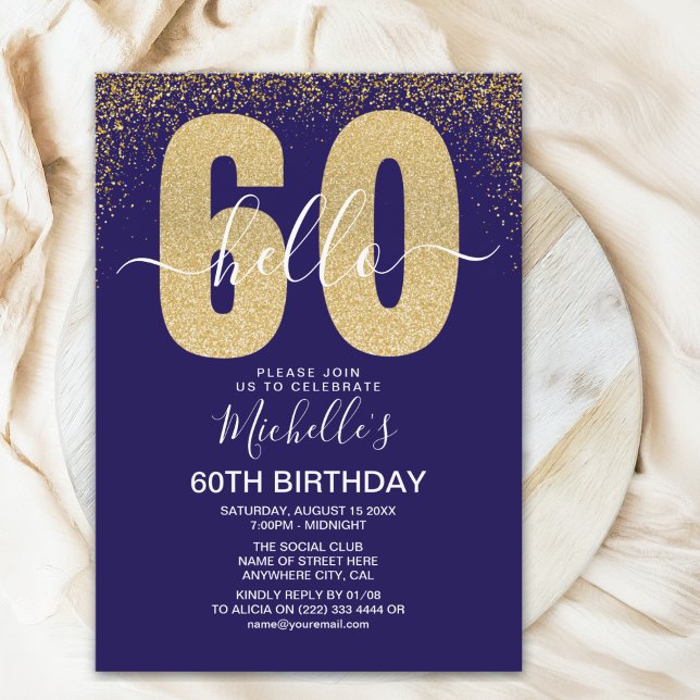 Invitación Elegant Gold Glitter "Hello 60" Birthday  (Subido por el creador)