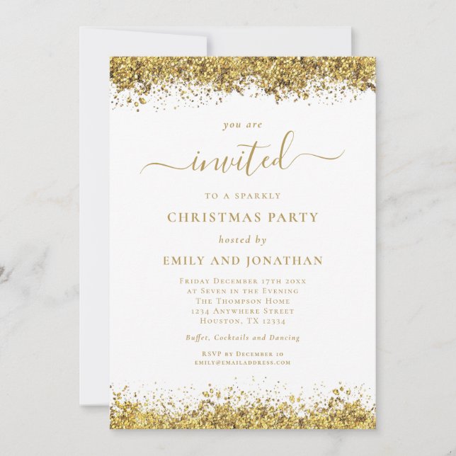 Invitación Elegant Gold Glitter Script Christmas Party (Anverso)