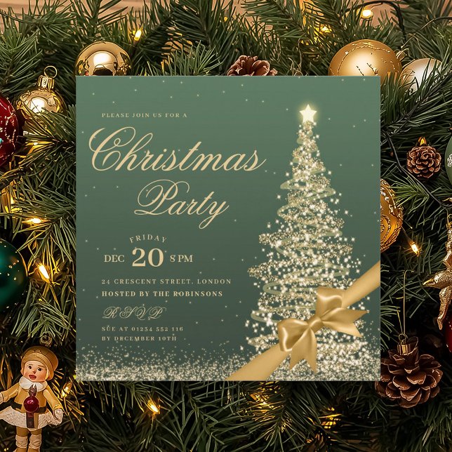 Invitación Elegant Gold Green Winter Christmas Tree Bow  (Elegant Gold Green Winter Christmas Tree Bow Invitation)