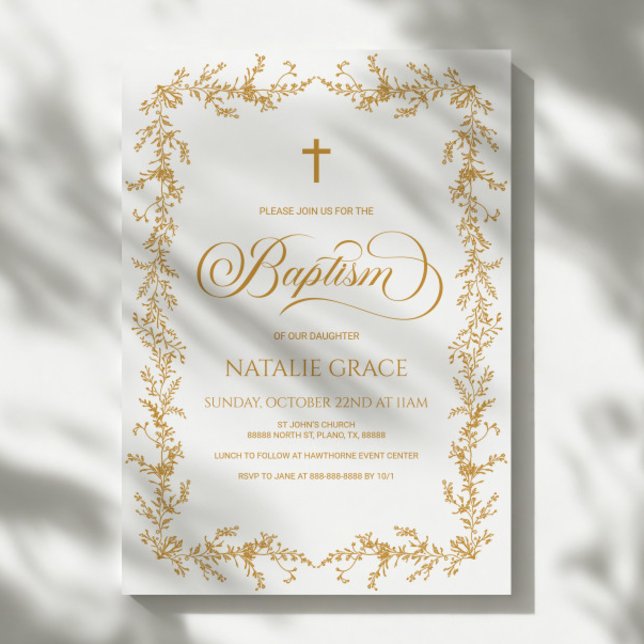 Invitación Elegant Gold Hand Drawn Floral Frame Baptism (Subido por el creador)