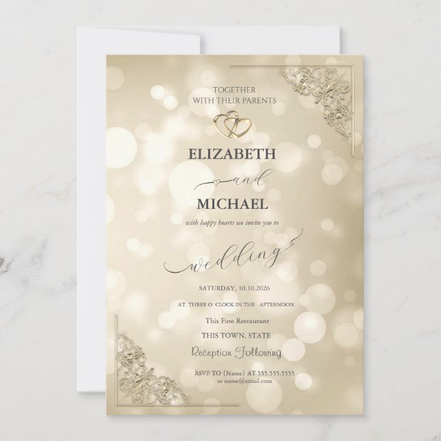Invitación Elegant Gold Hearts Frame Bokeh Wedding (Anverso)