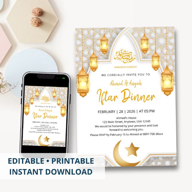 Invitación Elegant Gold Lantern & White Geometric Arch Iftar  (Subido por el creador)