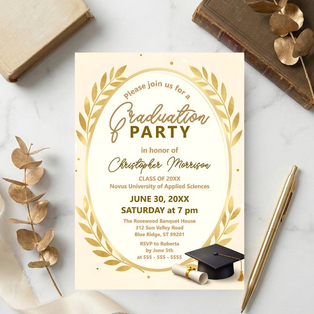 Invitación Elegant Gold Laurel Wreath & Cap Graduation Party (Subido por el creador)