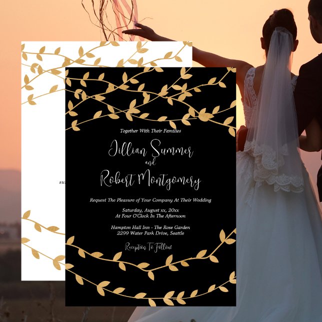 Invitación Elegant Gold Leaves Black and White Wedding (Elegant Gold Leaves Black and White Wedding Invitation with RSVP)