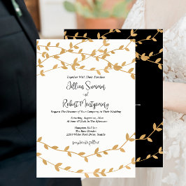 Invitación Elegant Gold Leaves Black White Wedding
