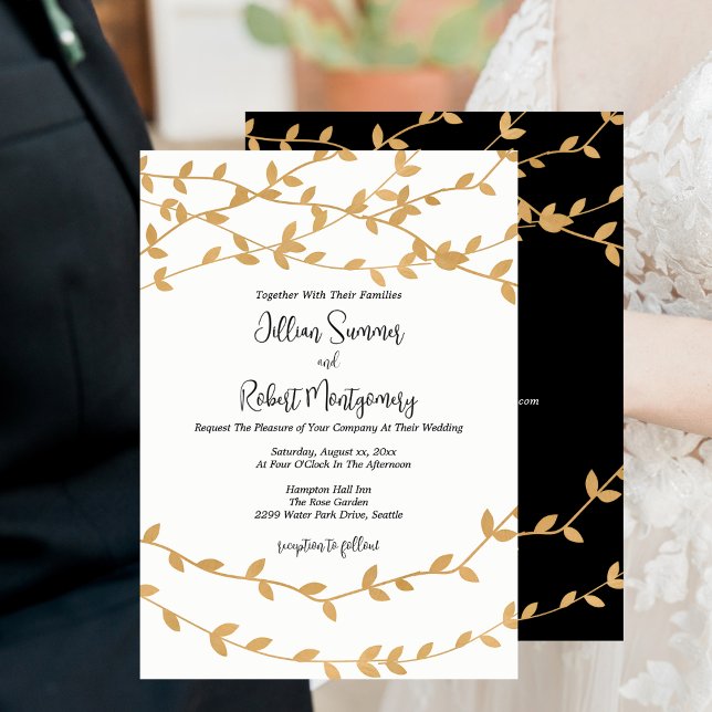 Invitación Elegant Gold Leaves Black White Wedding (Elegant Gold Leaves Black White Wedding Invitation with RSVP)
