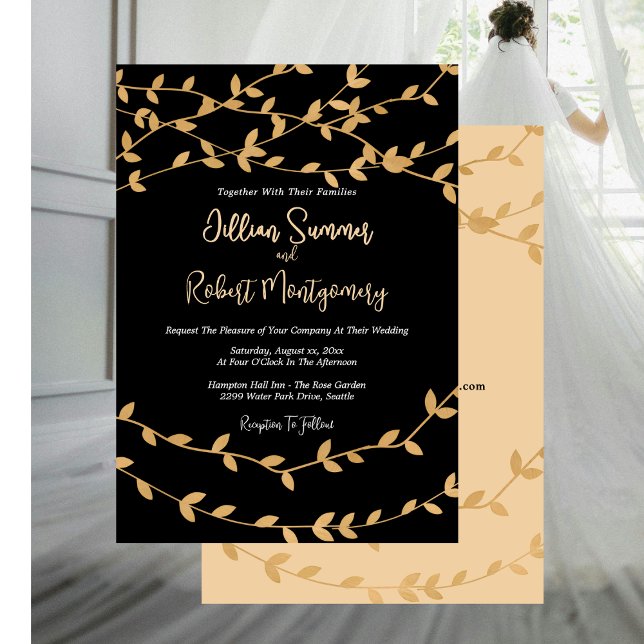 Invitación Elegant Gold Leaves with Black Wedding Invitation (Elegant Gold Leaves With Black Wedding Invitation with RSVP)