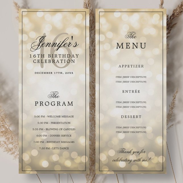 Invitación Elegant Gold Lights 16th Birthday Program Menu  (Elegant Gold Lights 16th Birthday Program Menu )