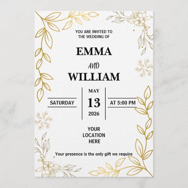 Invitación Elegant Gold Line Art Floral Frame (Anverso)