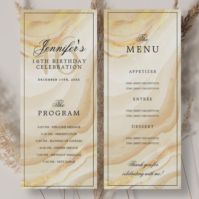 Invitación Elegant Gold Marble 16th Birthday Program Menu  (Elegant Gold Marble 16th Birthday Program Menu)