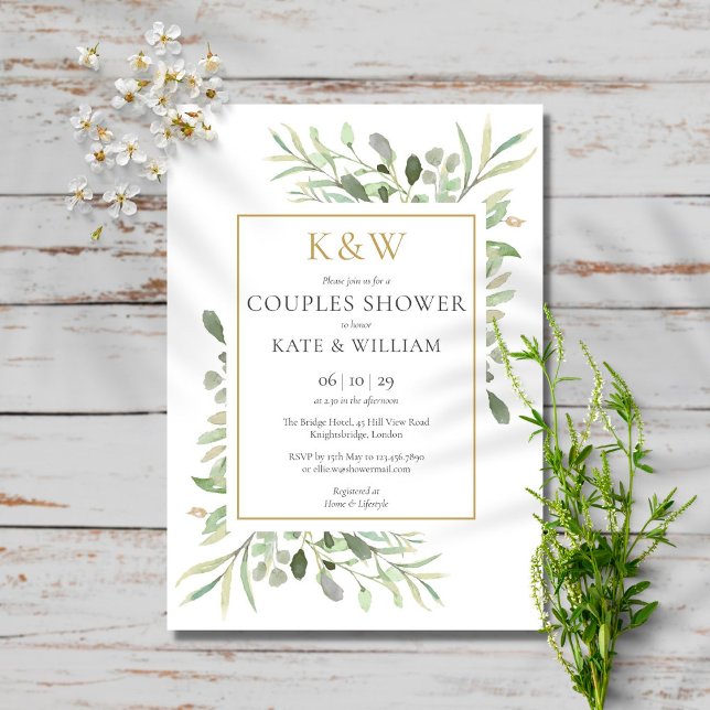 Invitación Elegant Gold Monogram Greenery Couples Shower (Subido por el creador)