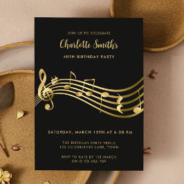 Invitación Elegant Gold Music Notes 40th Birthday Black