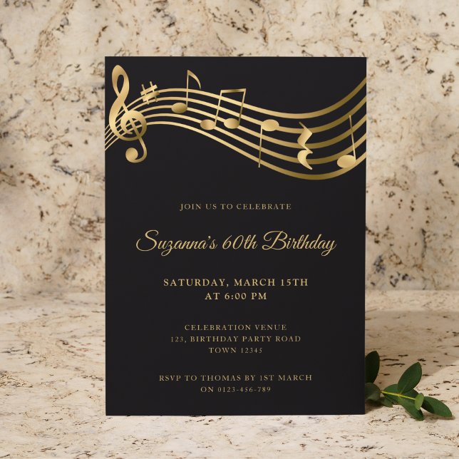 Invitación Elegant Gold Music Notes 60 cumpleaños moderno (Subido por el creador)